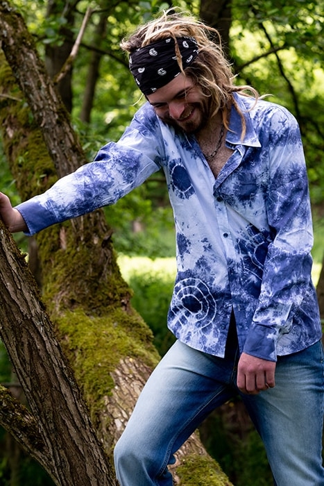 zuur Afwijking Huisje Batik Langarmhemd 70er Hippie Look blau