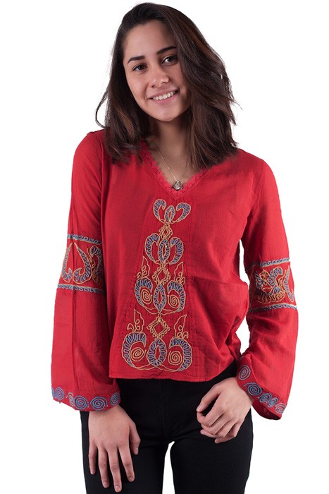 Rote Baumwoll Bluse mit Ethno Gypsy Stil Stickerei