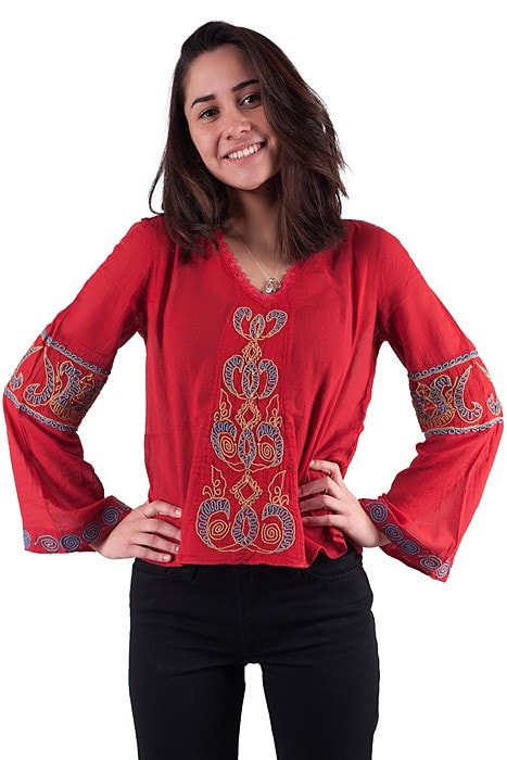 Rote Baumwoll Gypsy Bluse Stickerei Ethno Stil mit